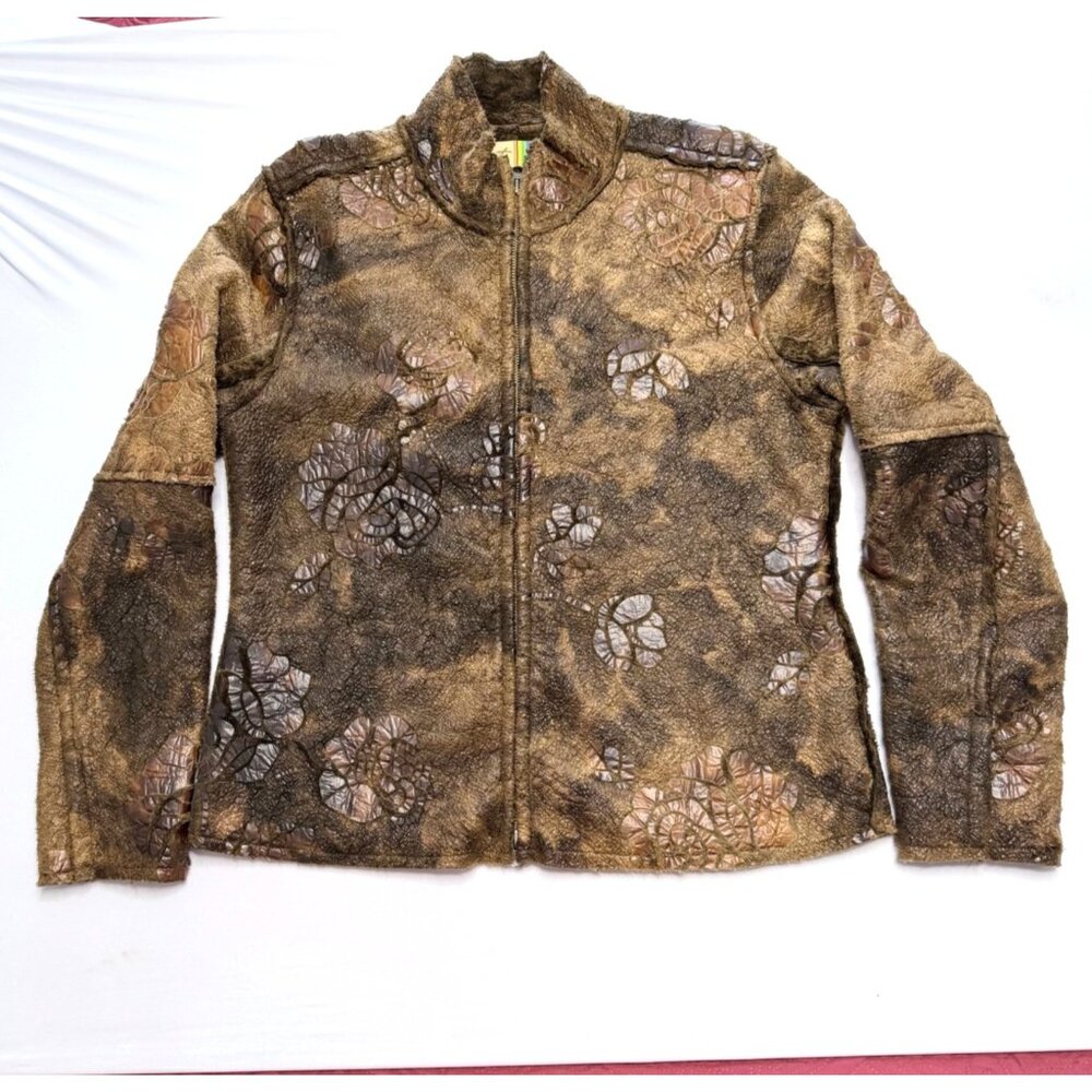 True Grit Brown Floral Rose Brown Faux Fur Jacket Size Large - Picture 13 of 14